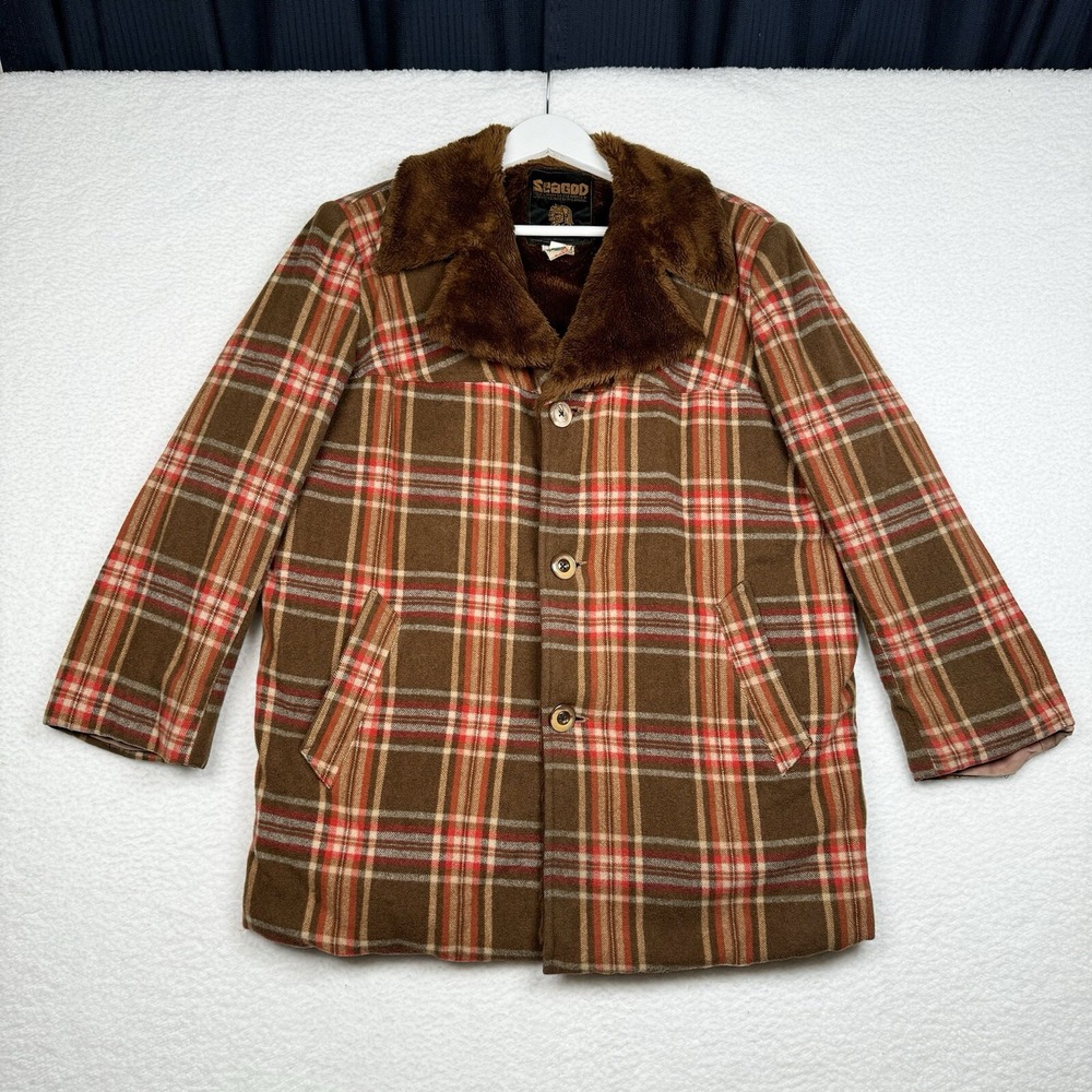 Vintage 70s 80s SEAGOD Plaid Faux Fur Wool Rancher Jacket Brown Women's Large?